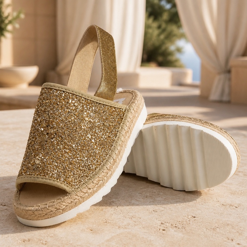 NILA & NILA WOMEN’S GOLD GLITTER FABRIC SUMMER ESPADRILLES SANDALS
